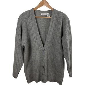 Vtg Liz Claiborne Gray Cable Knit Cardigan Sweater Wool Angora Women's M Grandpa